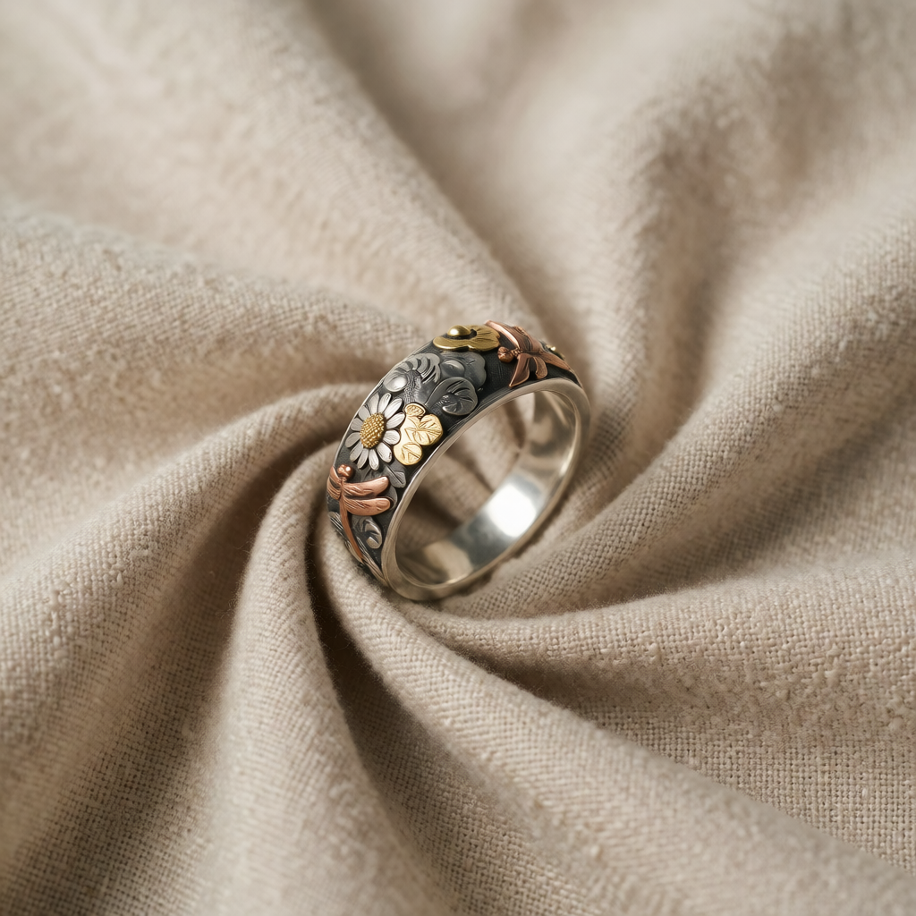 Silver & Gold Ring Gráinne with Floral Motif