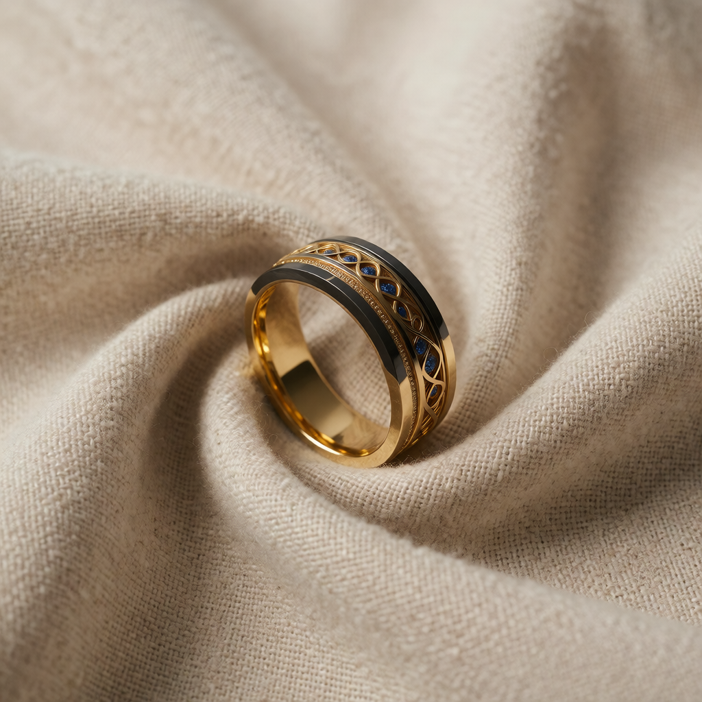 Gold Band Ring Deirdre with Sapphire & Celtic Knot