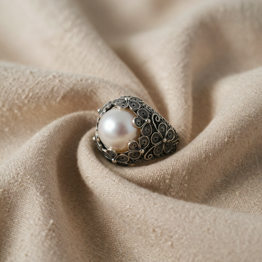 Silver Dome Ring Laoise with Pearl and Floral Motif