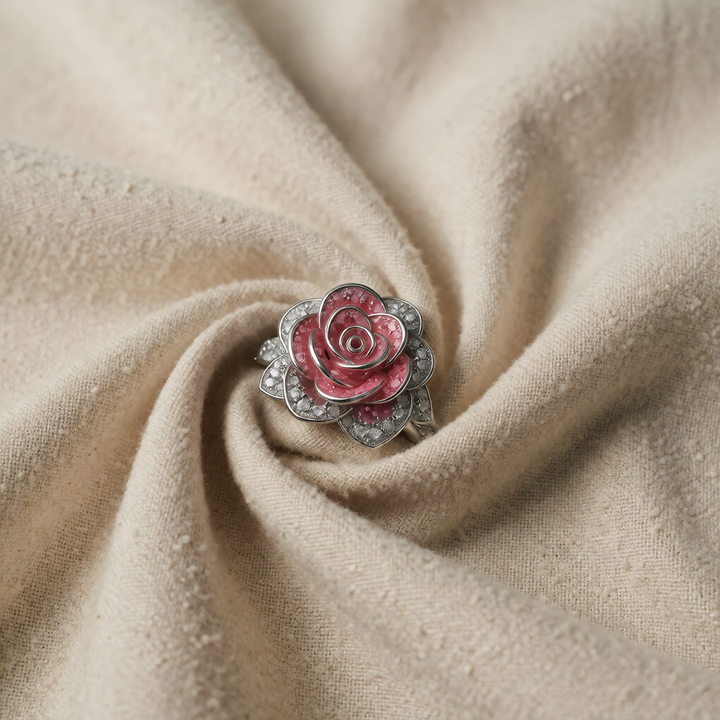 Silver Ring Áine with Pink Rose Motif