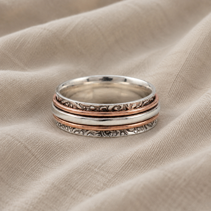 Silver & Rose Gold Spinner Ring Niamh with Scrollwork