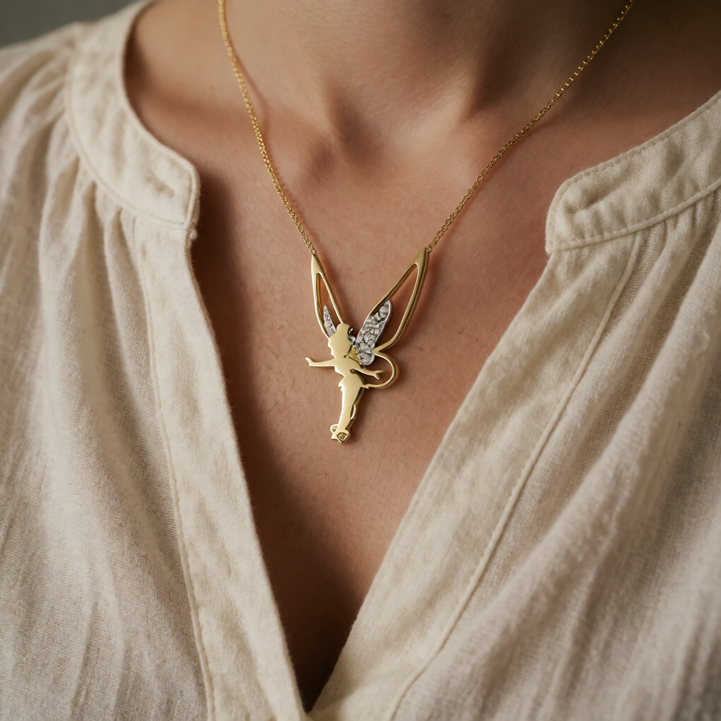 Gold Necklace with Fairy Motif and Zirconia Wings