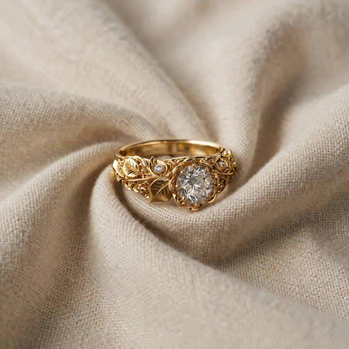 Gold Ring Gráinne with Zirconia & Leaf Motif