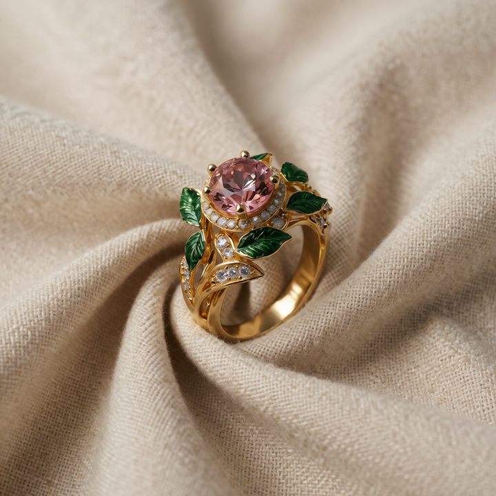 Gold Ring Róisín with Pink Gemstone and Green Leaves