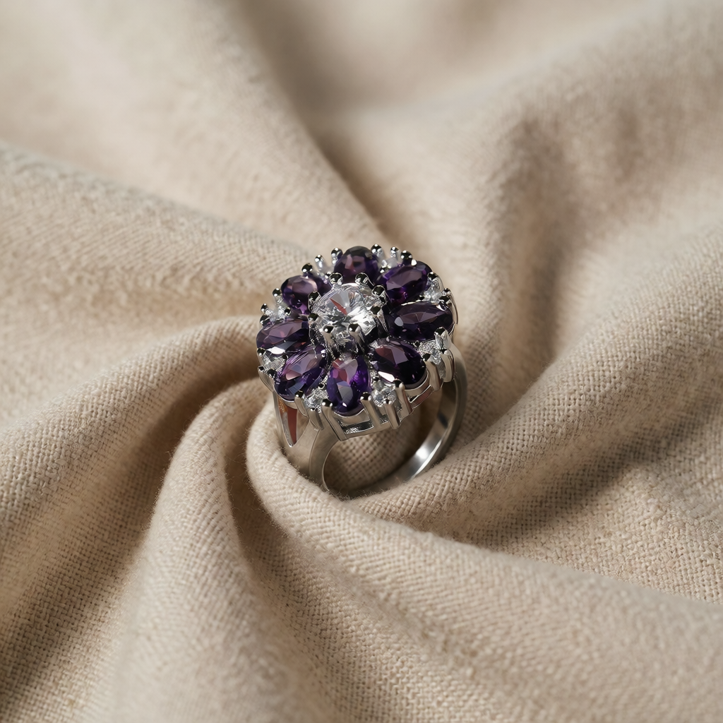 Silver Ring Gráinne with Amethyst Flower
