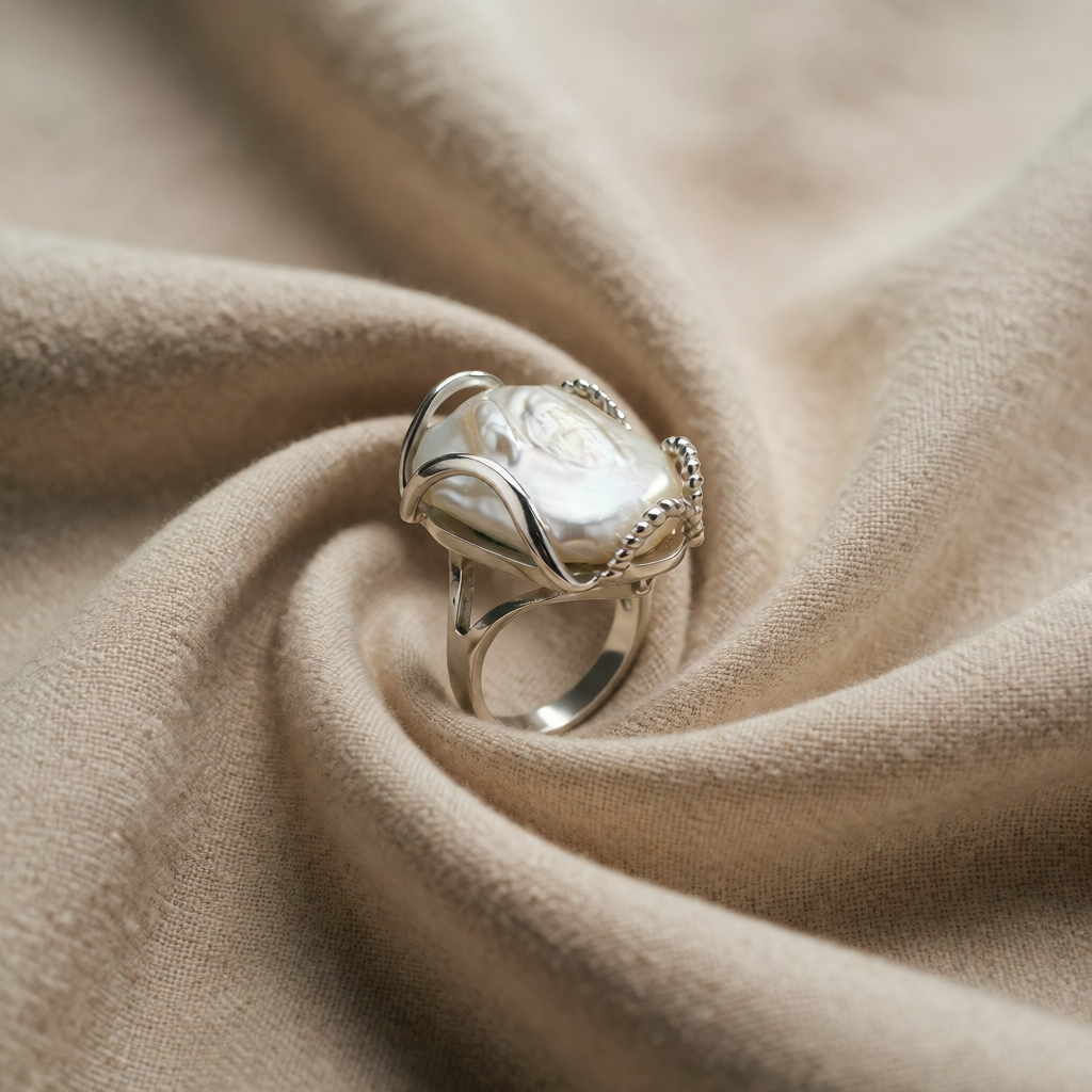 Silver Ring Muirne with Baroque Pearl