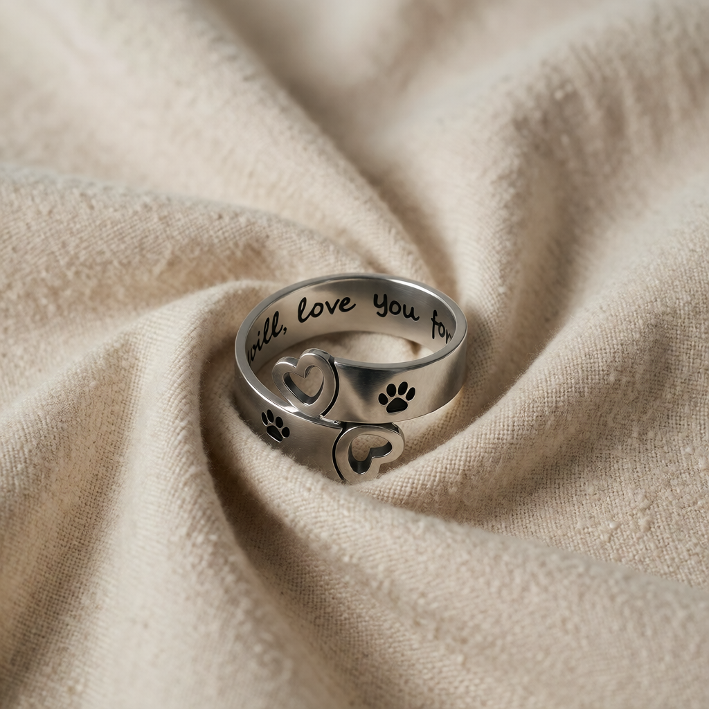 Stainless Steel Ring with Hearts and Paw Prints