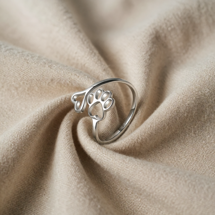Sterling Silver Adjustable Ring Emer with Paw and Heart