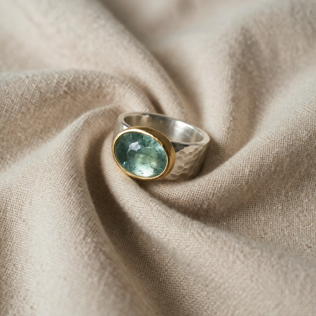 Silver & Gold Ring Fiadh with Green Gemstone