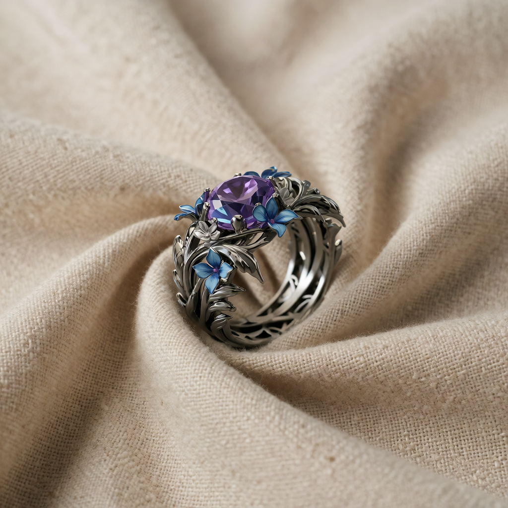 Silver Ring Muirne with Amethyst & Floral Motif