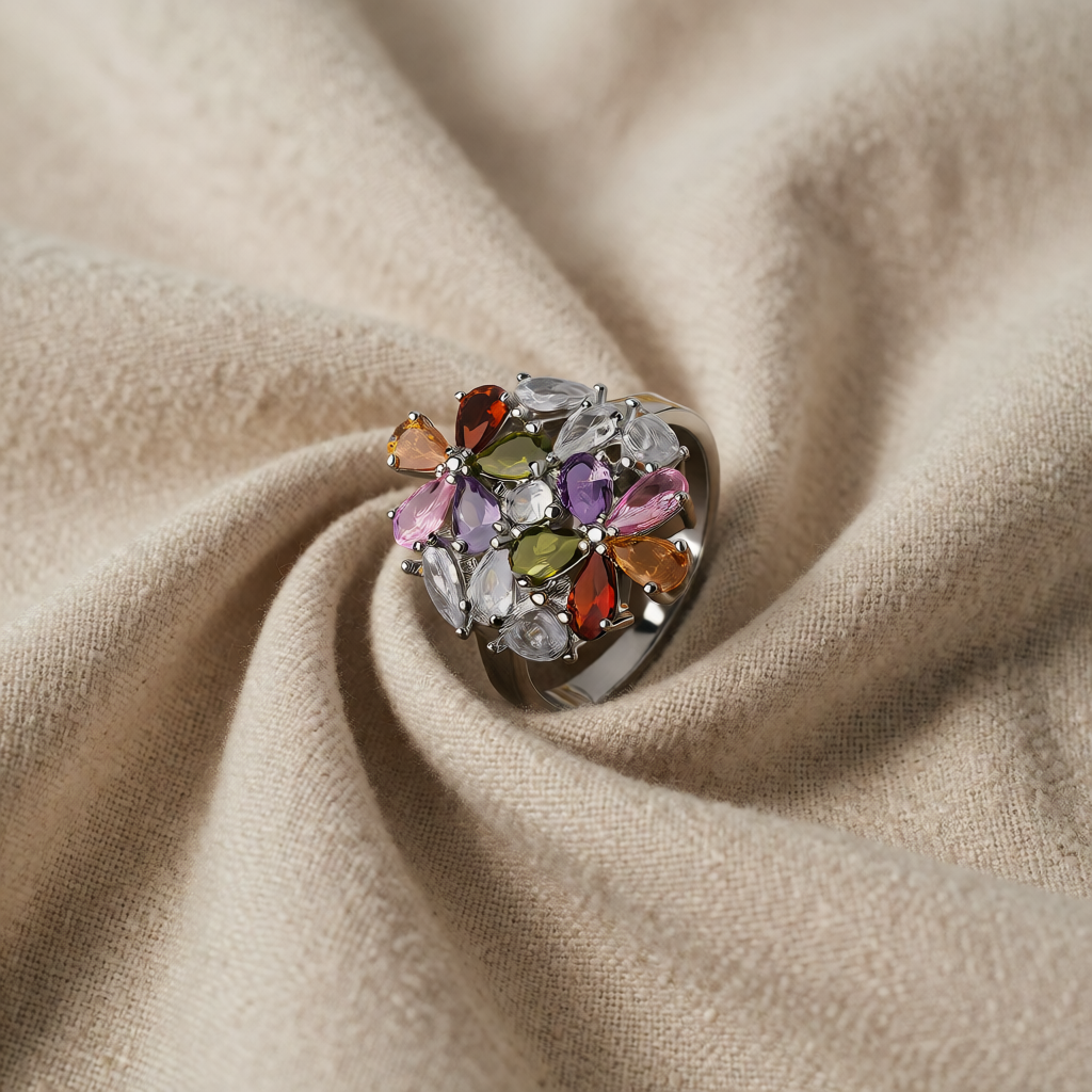 Silver Statement Ring with Multicoloured Zirconia
