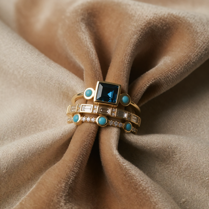 Gold Ring Set Kenmare with Blue Topaz and Turquoise