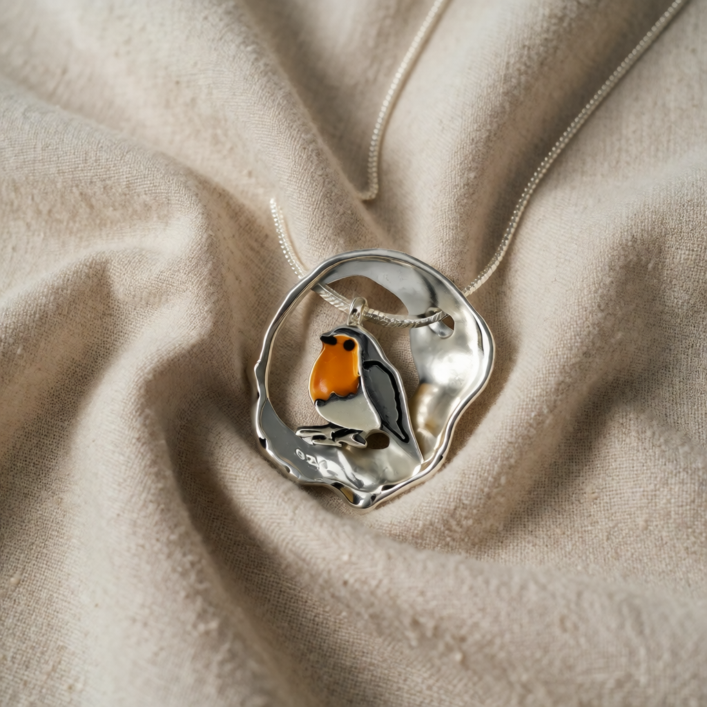 Silver Necklace Nuala with Robin Motif