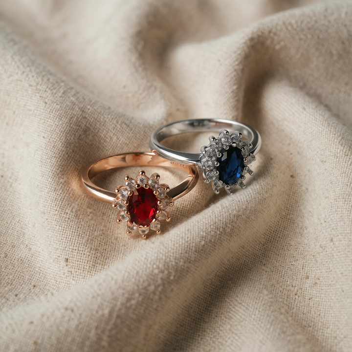Gold & Silver Halo Ring Clíodhna with Ruby & Sapphire