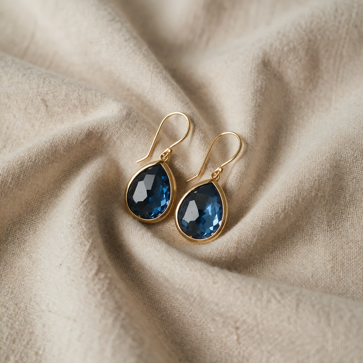 Gold Drop Earrings Aoife with Blue Crystal