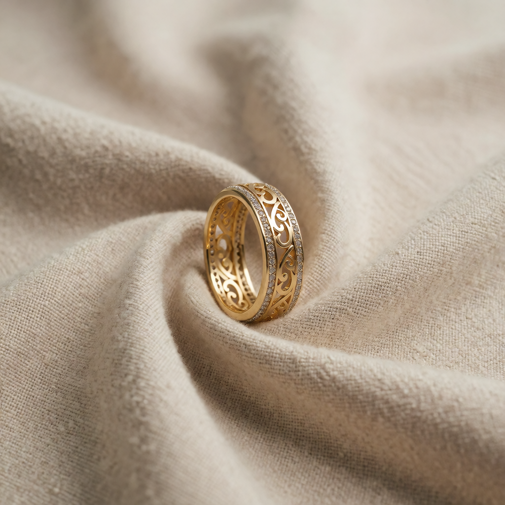 Gold Band Ring Aisling with Crystals and Scroll Motif