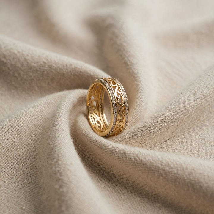 Gold Band Ring Aisling with Crystals and Scroll Motif