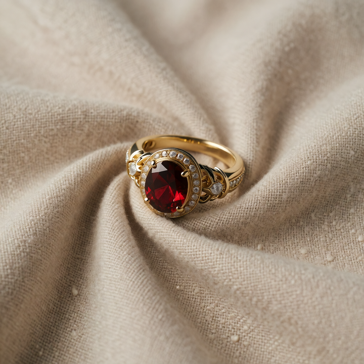 Gold Ring Muirne with Ruby Halo