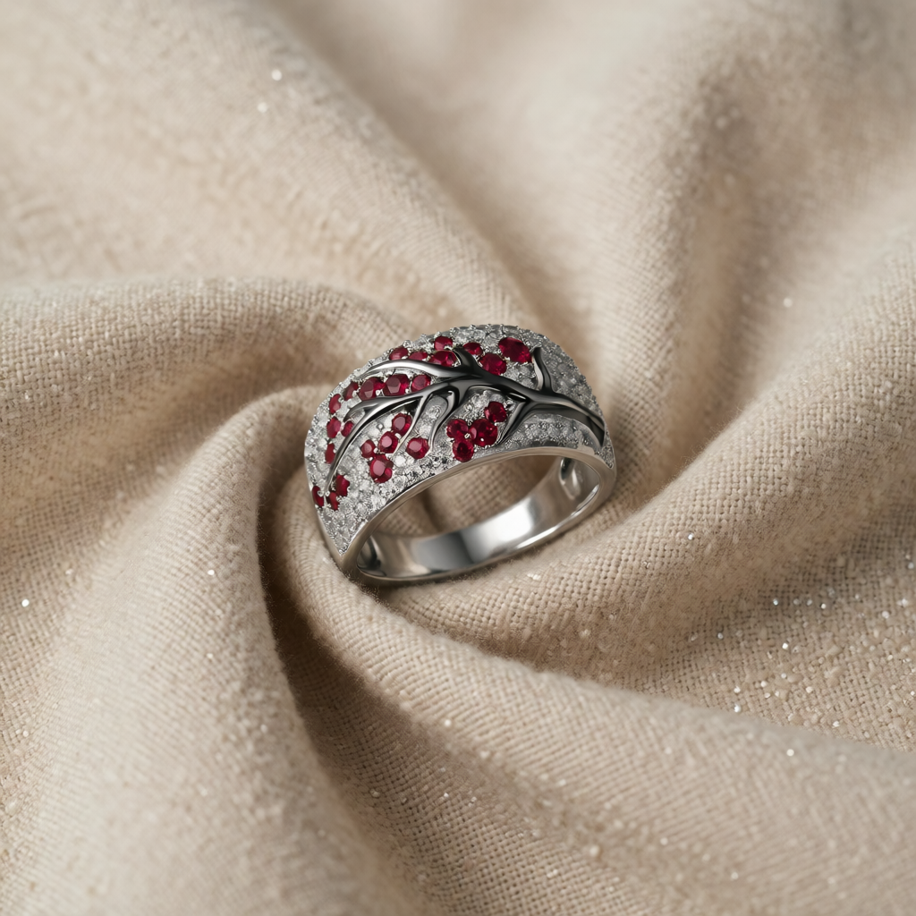 White Gold Ring with Ruby and Blossom Branch Motif