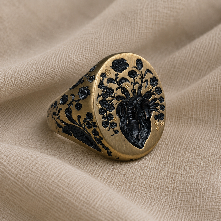 Gold Signet Ring with Anatomical Heart & Floral Motif