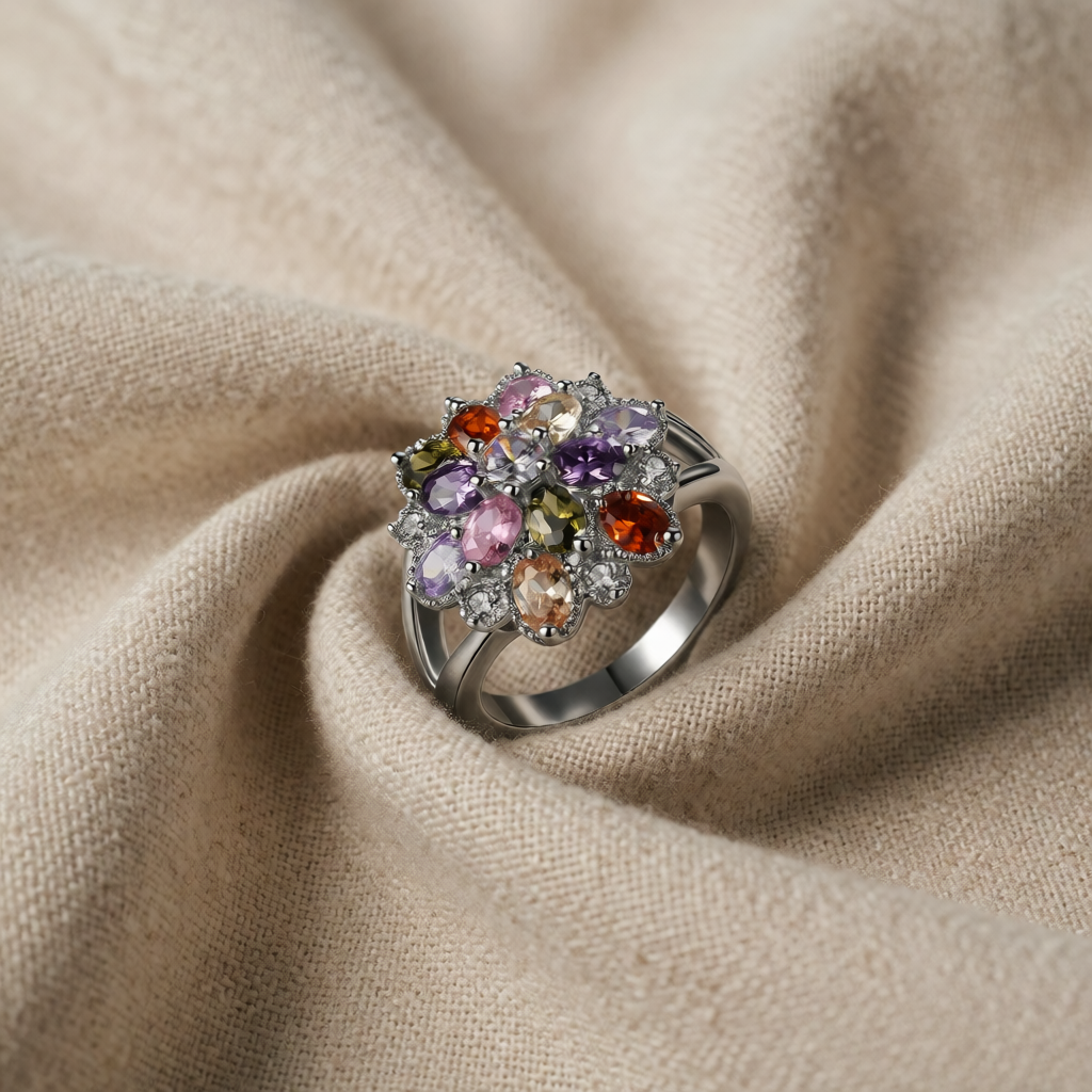Silver Ring Eithne with Multicoloured Flower Stones
