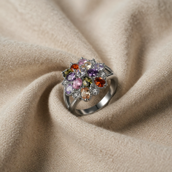 Silver Ring Eithne with Multicoloured Flower Stones