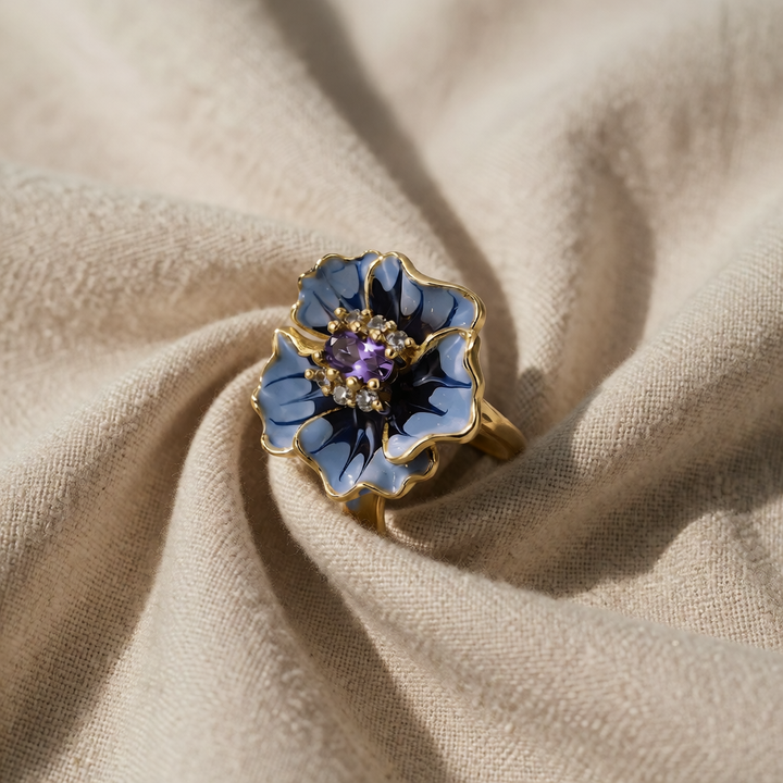 Gold Ring Aisling with Amethyst & Blue Floral Motif