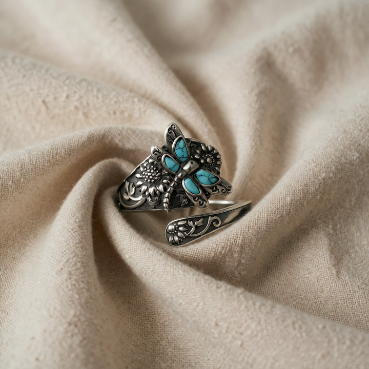 Sterling Silver Wrap Ring with Dragonfly & Turquoise