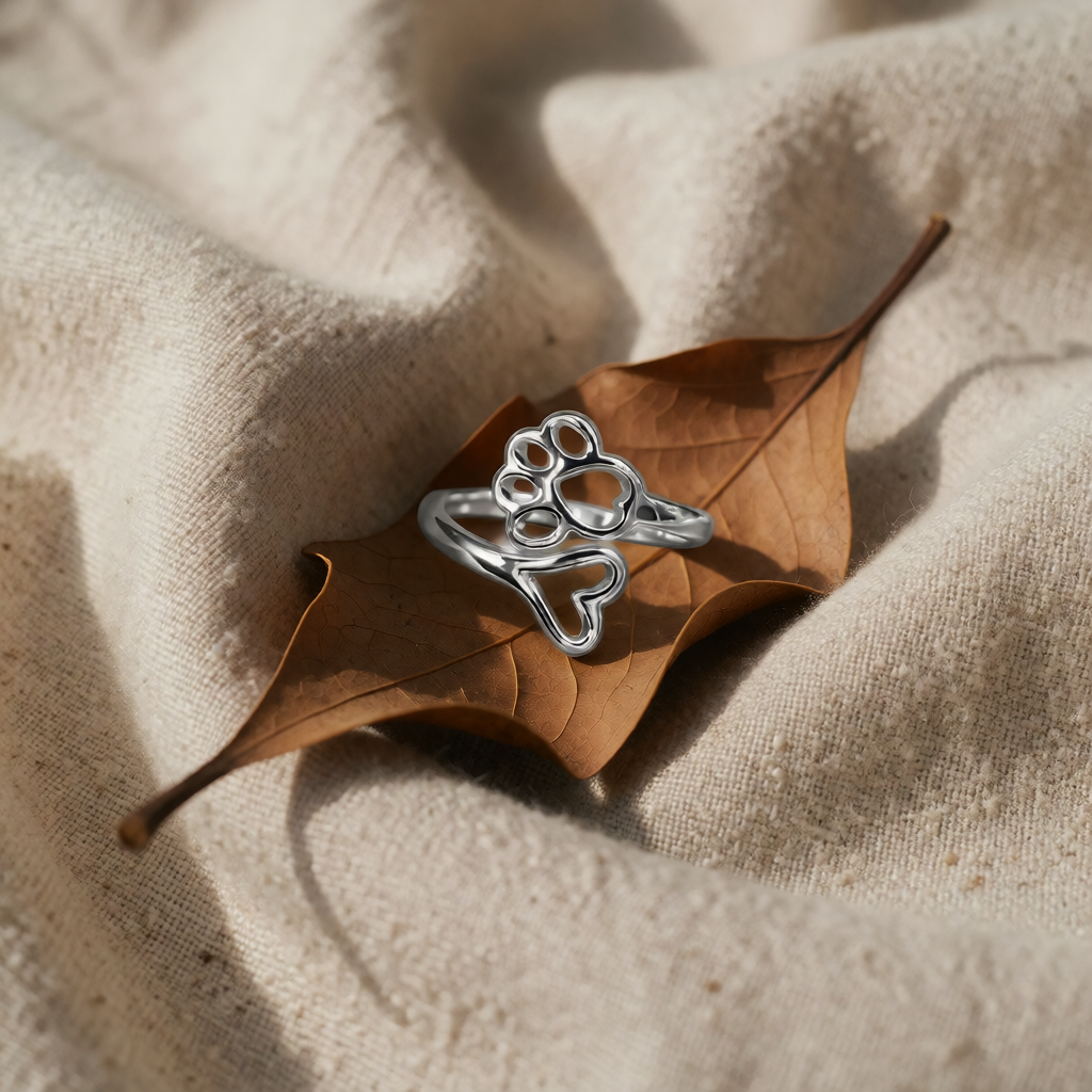 Stainless Steel Adjustable Ring with Paw & Heart Motif