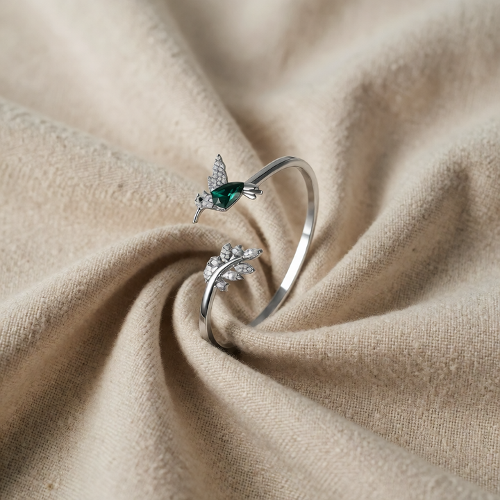 Silver Adjustable Ring with Emerald Hummingbird