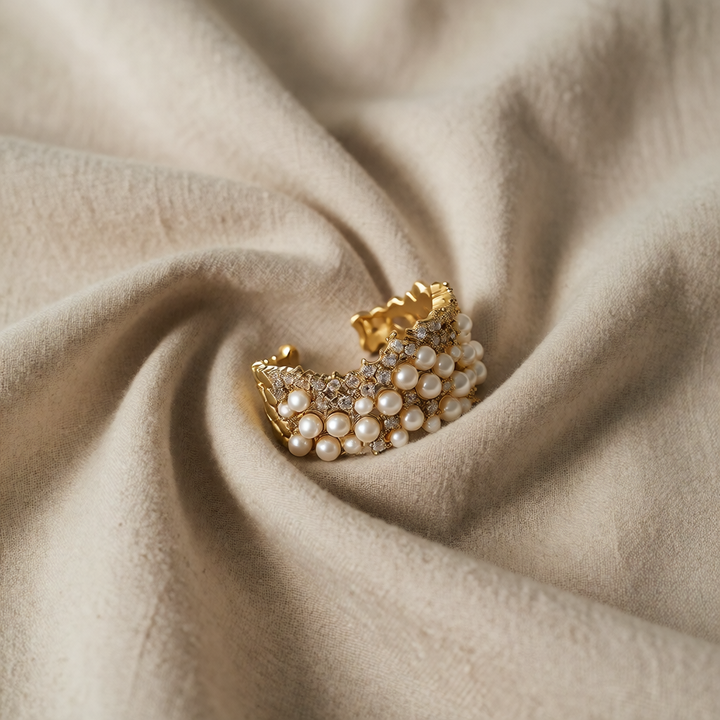 Gold Adjustable Ring Gobnait with Pearls and Zircon