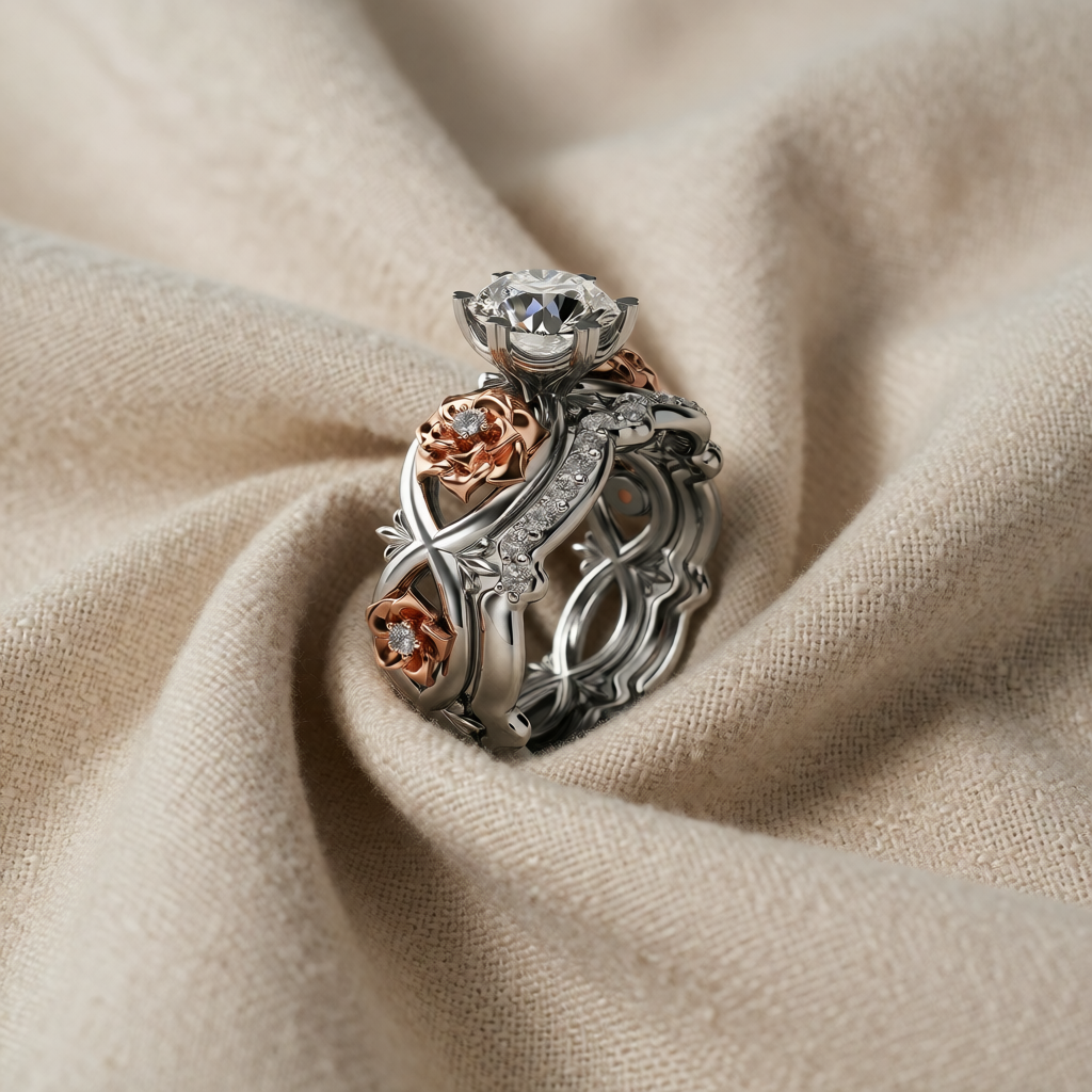 Silver & Rose Gold Ring with Crystal & Floral Motif