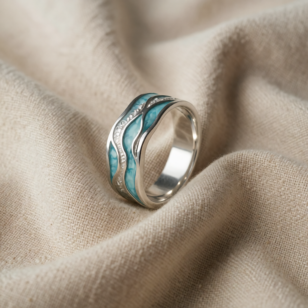 Silver Ring Béibhinn with Turquoise Wave Motif