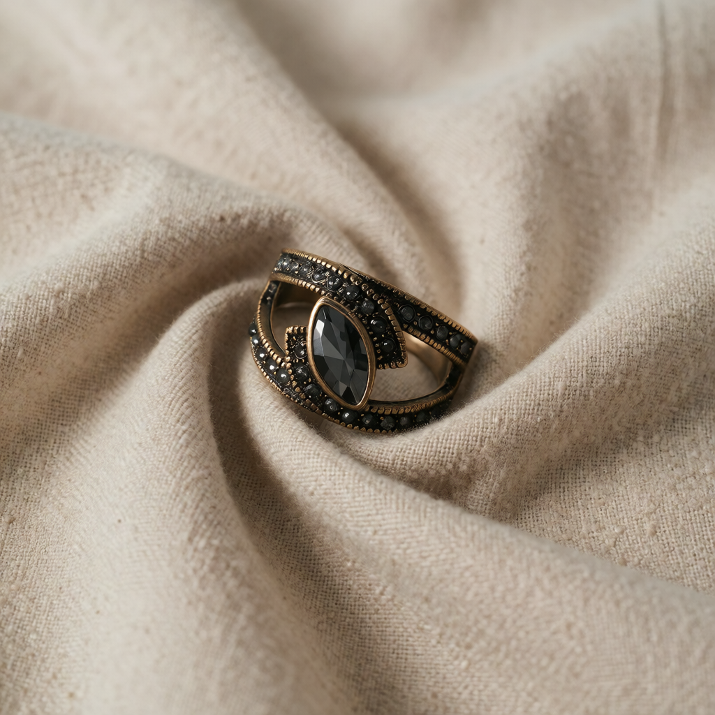 Antique Gold Ring Eithne with Black Crystal