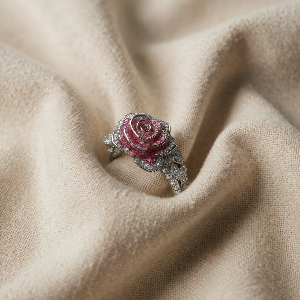 Silver Ring Sorcha with Pink Rose Motif