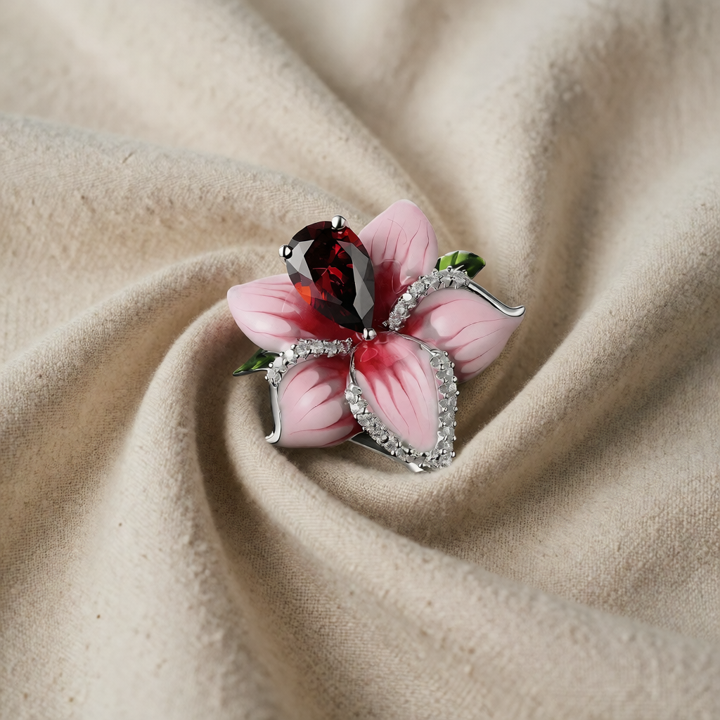 Silver Orchid Ring Róisín with Garnet