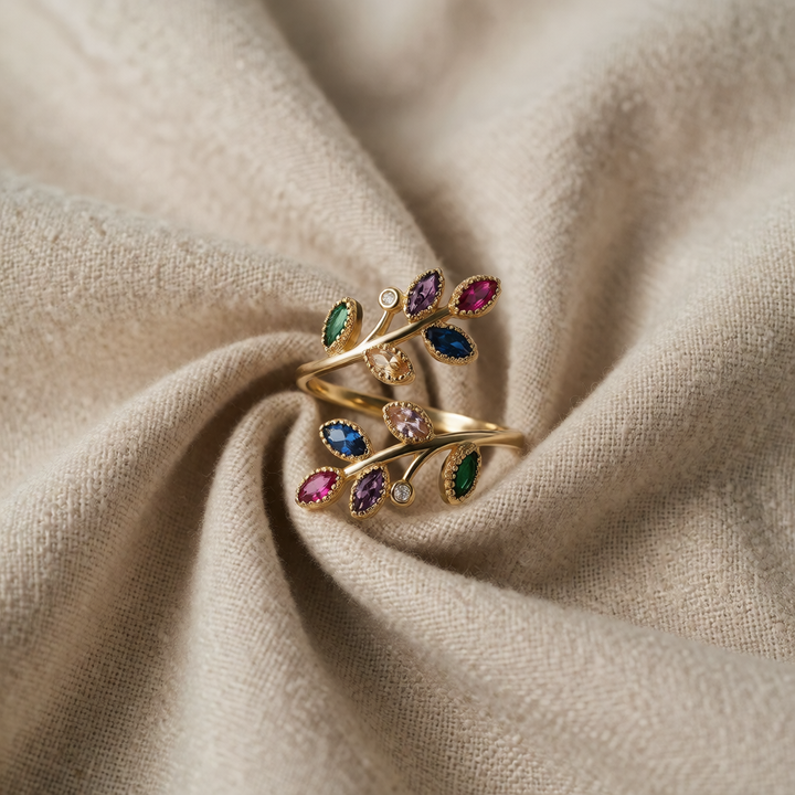 Gold Ring Laoise with Multicoloured Leaf Stones