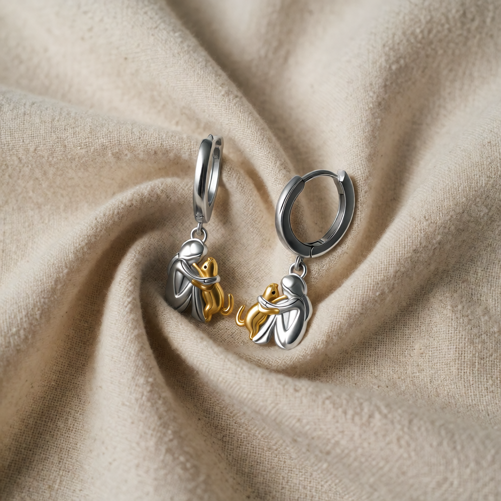Gold & Silver Hoop Earrings Eithne with Cat Hug Motif