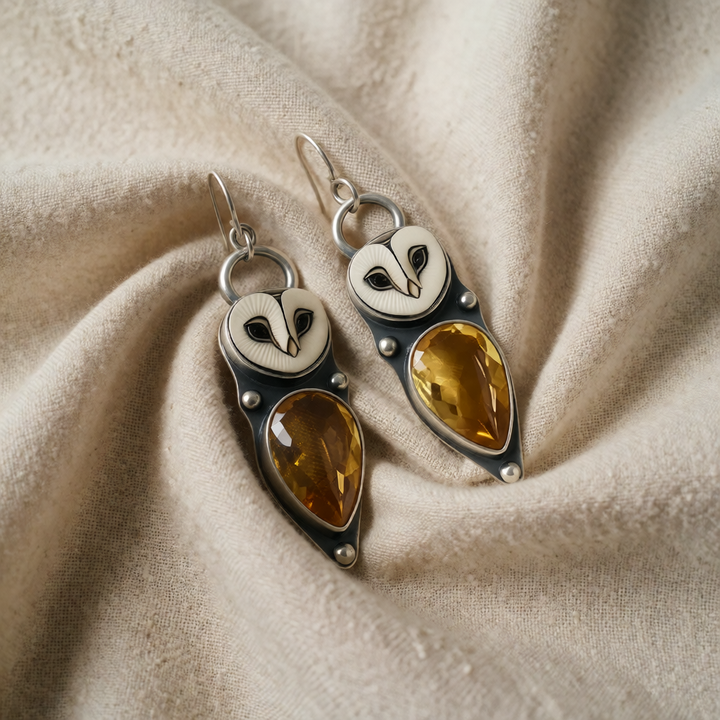 Silver Drop Earrings Dervla with Owl and Citrine