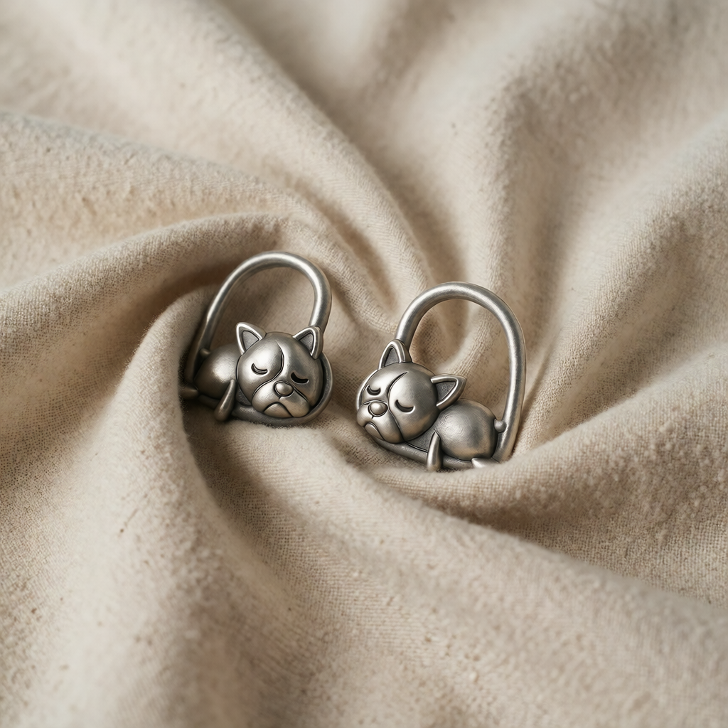 Sterling Silver Huggie Earrings with Sleeping Dog