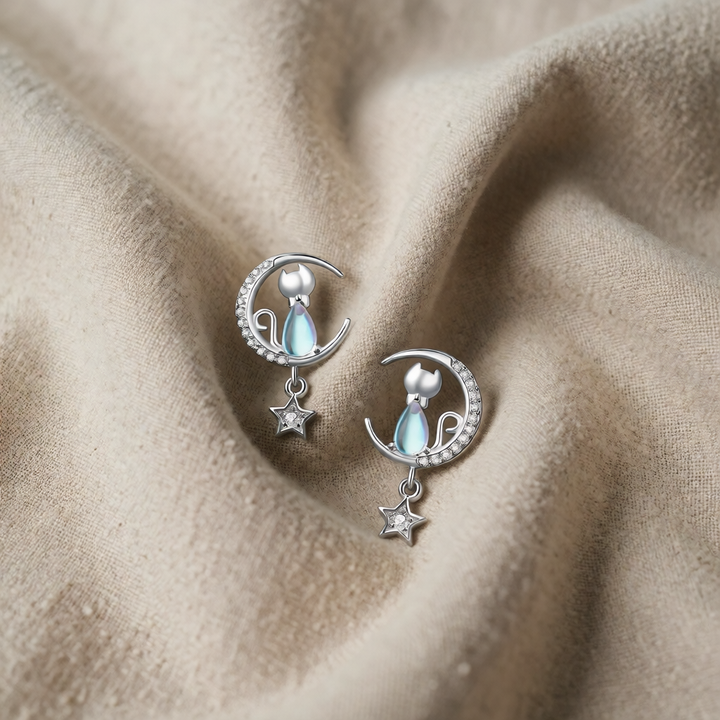Sterling Silver Stud Earrings with Moonstone Cat and Star