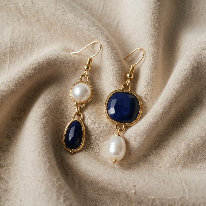 Gold Drop Earrings Fionnuala with Lapis and Pearl