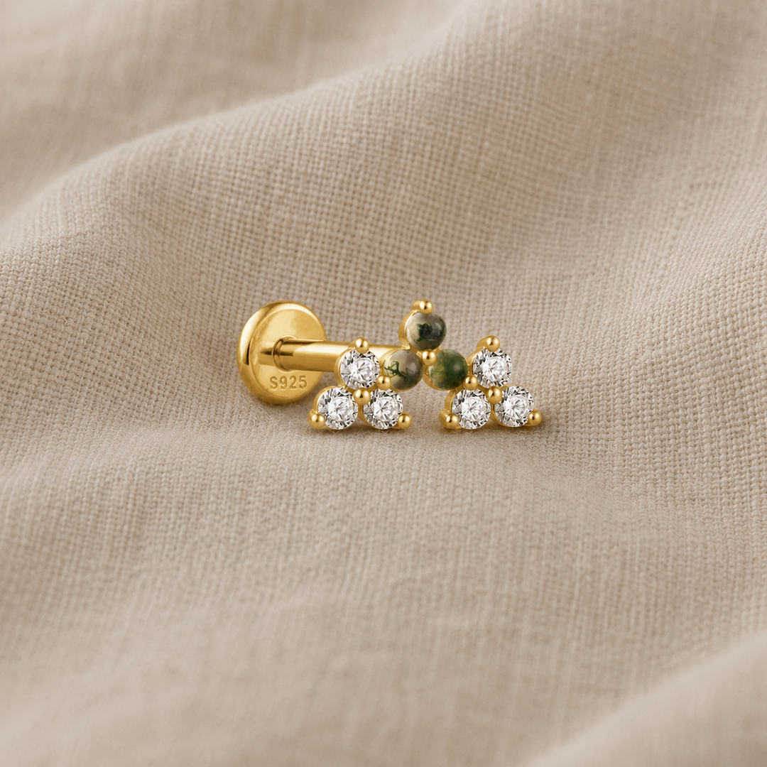 Gold Stud Earrings with Green Agate and Crystals