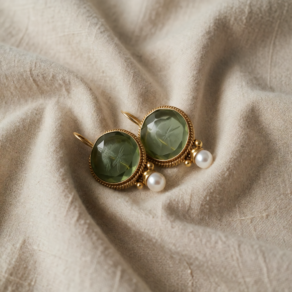 Gold Drop Earrings Killarney with Jade and Pearls