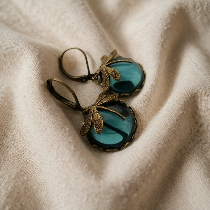 Antique Gold Drop Earrings Muirne with Dragonfly Motif