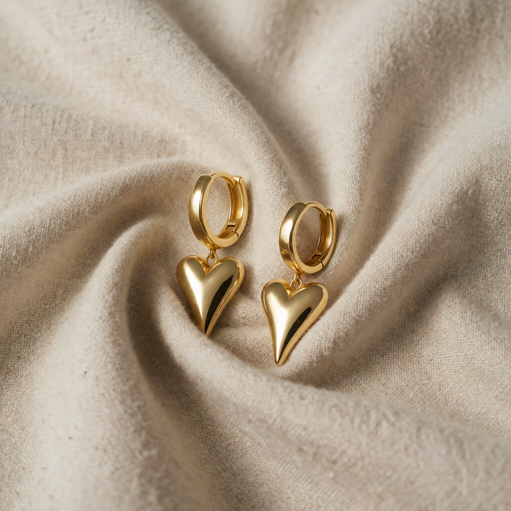 Gold Huggie Earrings Fiadh with Heart Charm