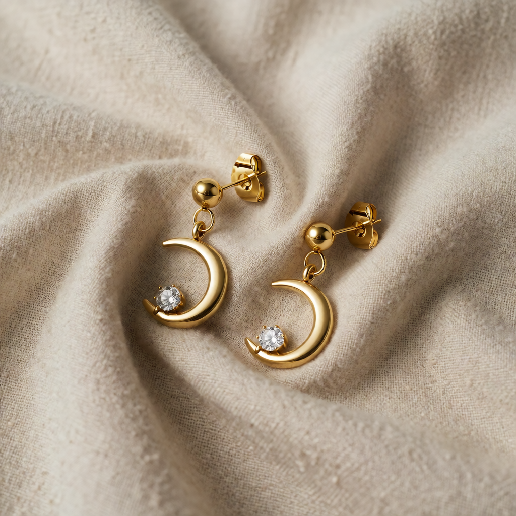 Gold Crescent Moon Stud Earrings Áine with Zirconia