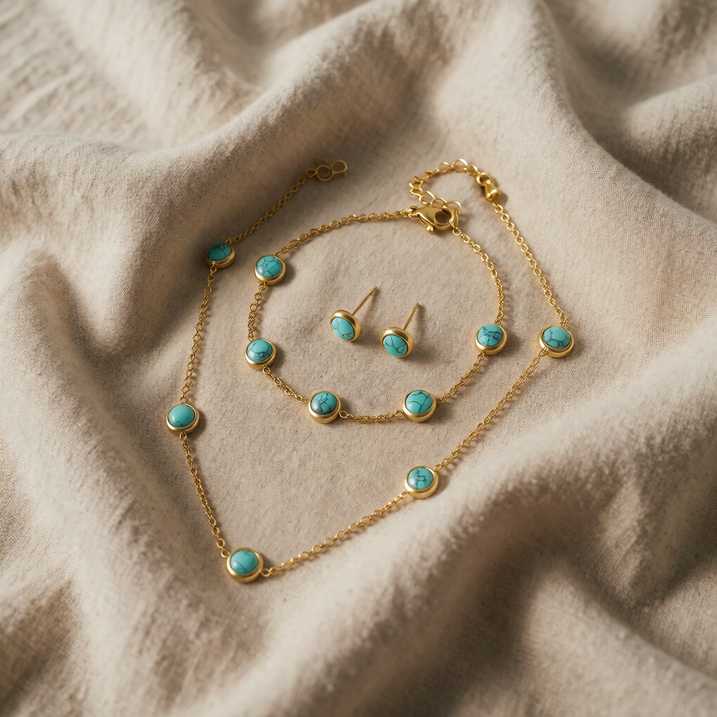 Gold Turquoise Necklace, Earrings and Bracelet Set