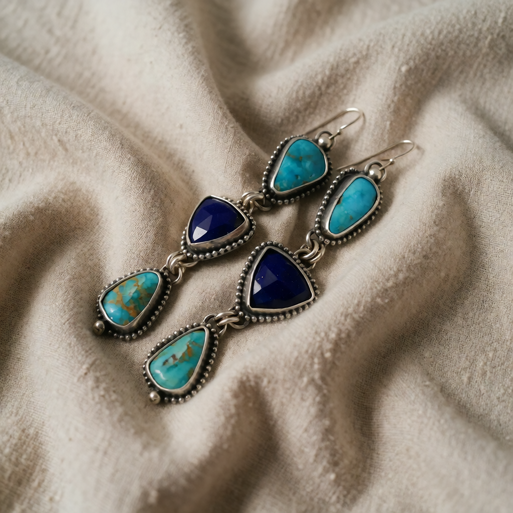 Silver Drop Earrings with Turquoise and Lapis Stones