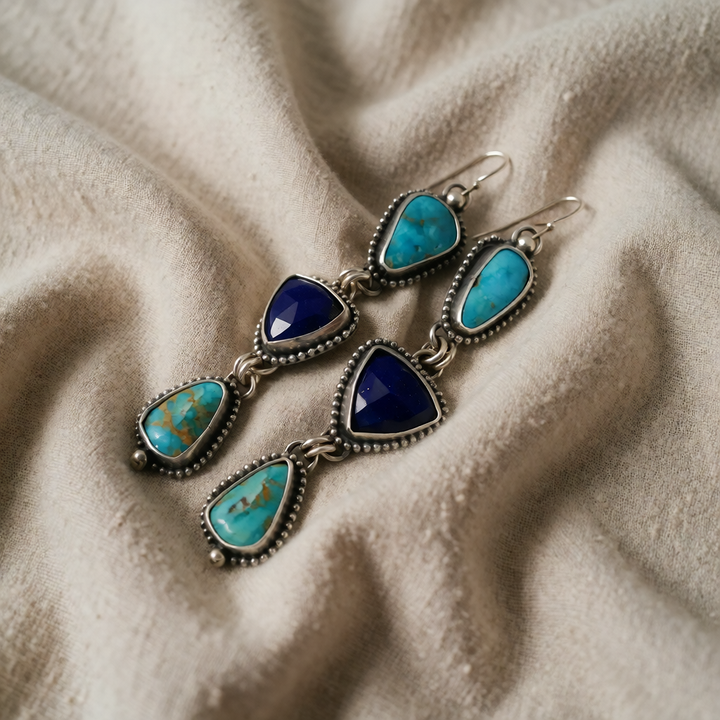 Silver Drop Earrings with Turquoise and Lapis Stones